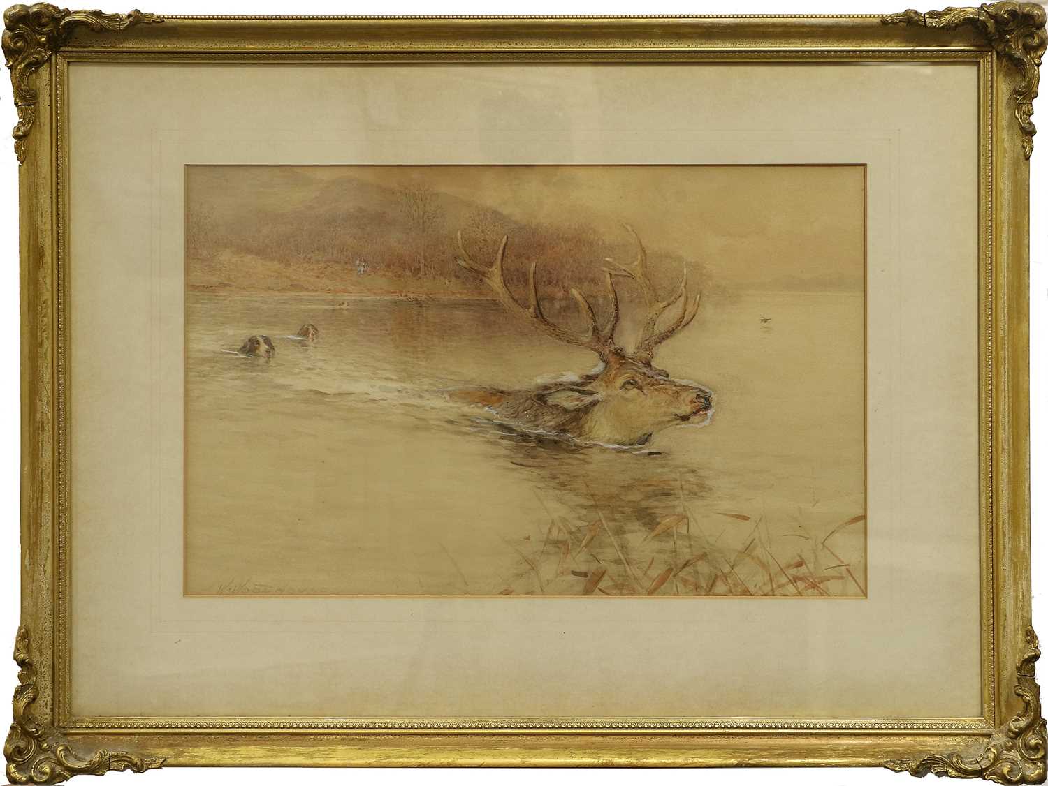 William Woodhouse (1857-1939) Hounds pursuing a swimming stag Signed, watercolour heightened with - Bild 2 aus 3