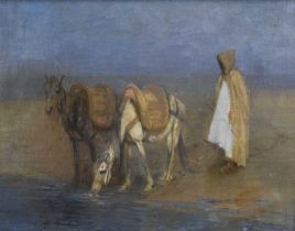 John Sydney Steel (1863-1932) Horses watering with cloaked figure Signed, oil on canvas, 37cm by