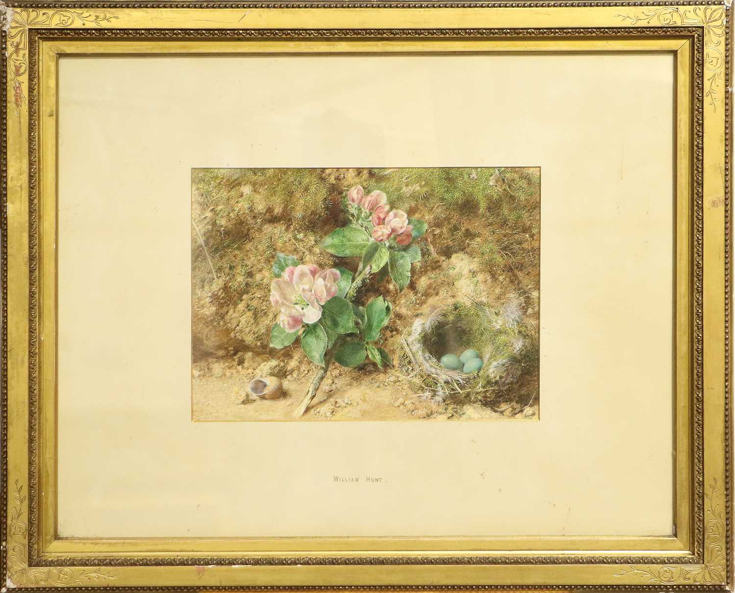 William Henry Hunt OWS (1790-1864) A sprig of blossom, a snail's shell, and a bird's nest on a mossy - Image 2 of 3