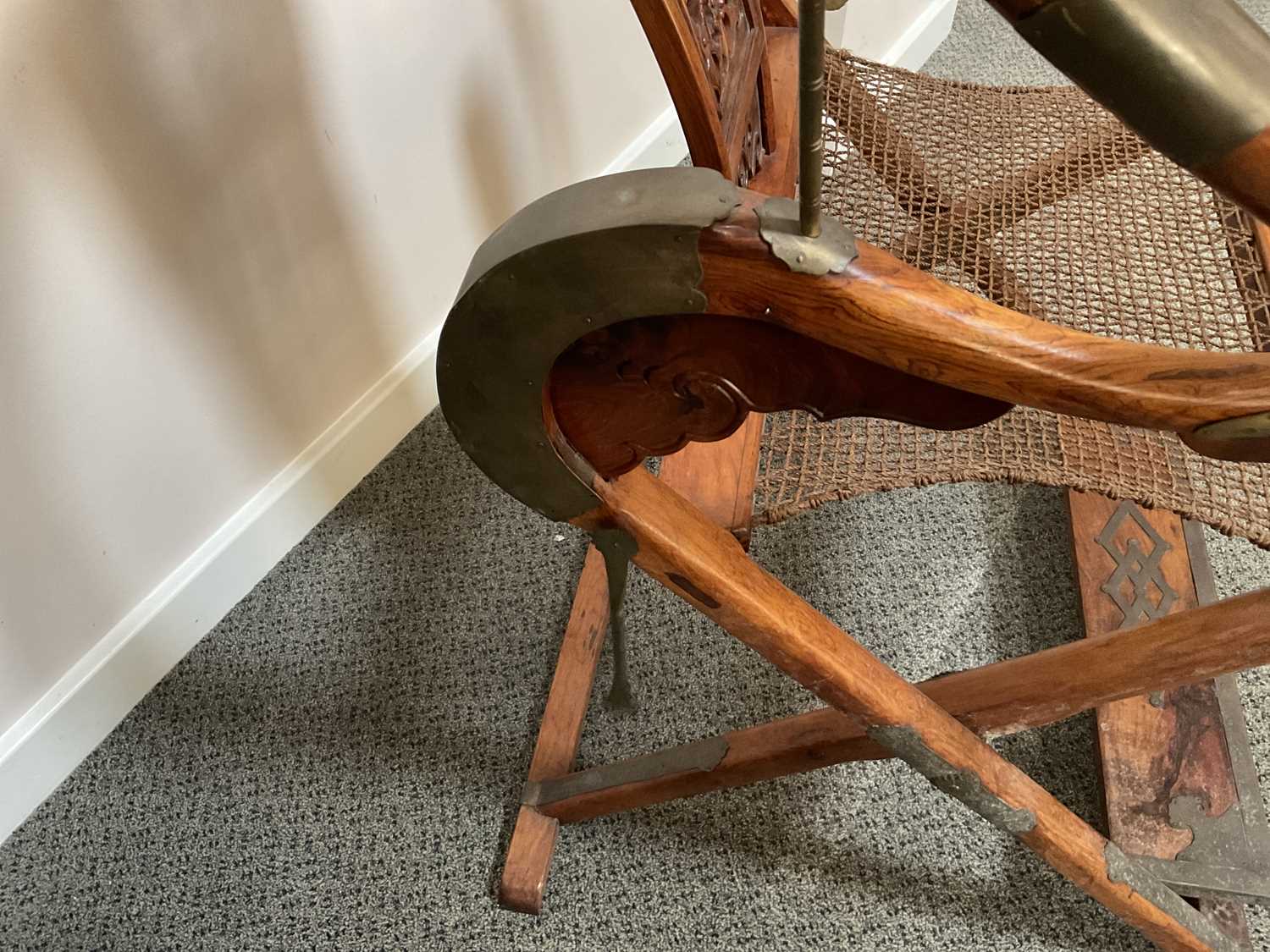 A Pair of 20th Century Chinese Hardwood Horseshoe-Back Folding Chairs, each with metal bands and - Image 16 of 16