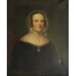 British School (19th Century) Portrait of a lady, half-length seated, wearing a white dress and a