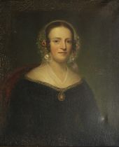 British School (19th Century) Portrait of a lady, half-length seated, wearing a white dress and a