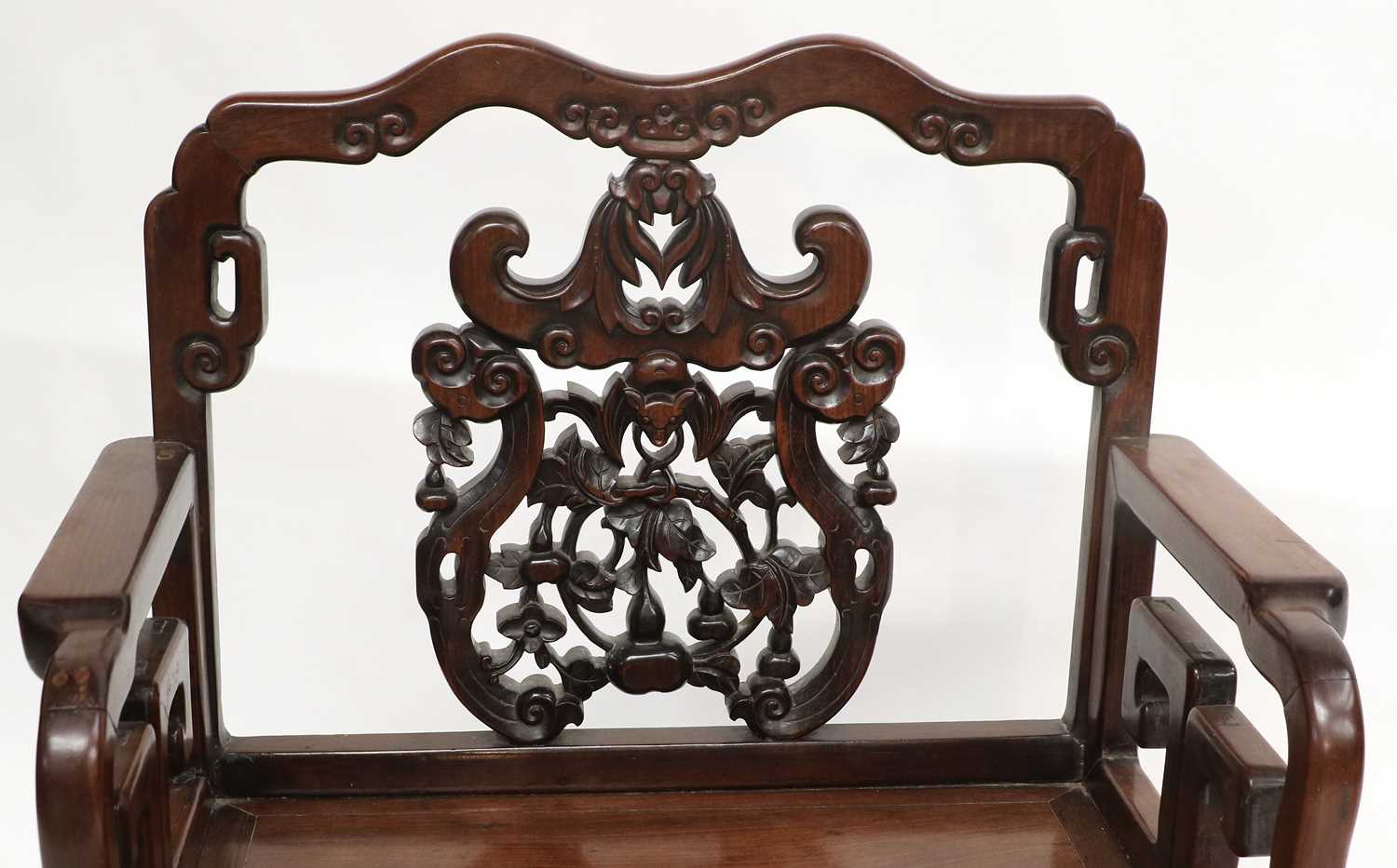 A Late 19th/Early 20th Century Carved Chinese Hardwood Open Armchair, with scrolled top rail above a - Image 2 of 11