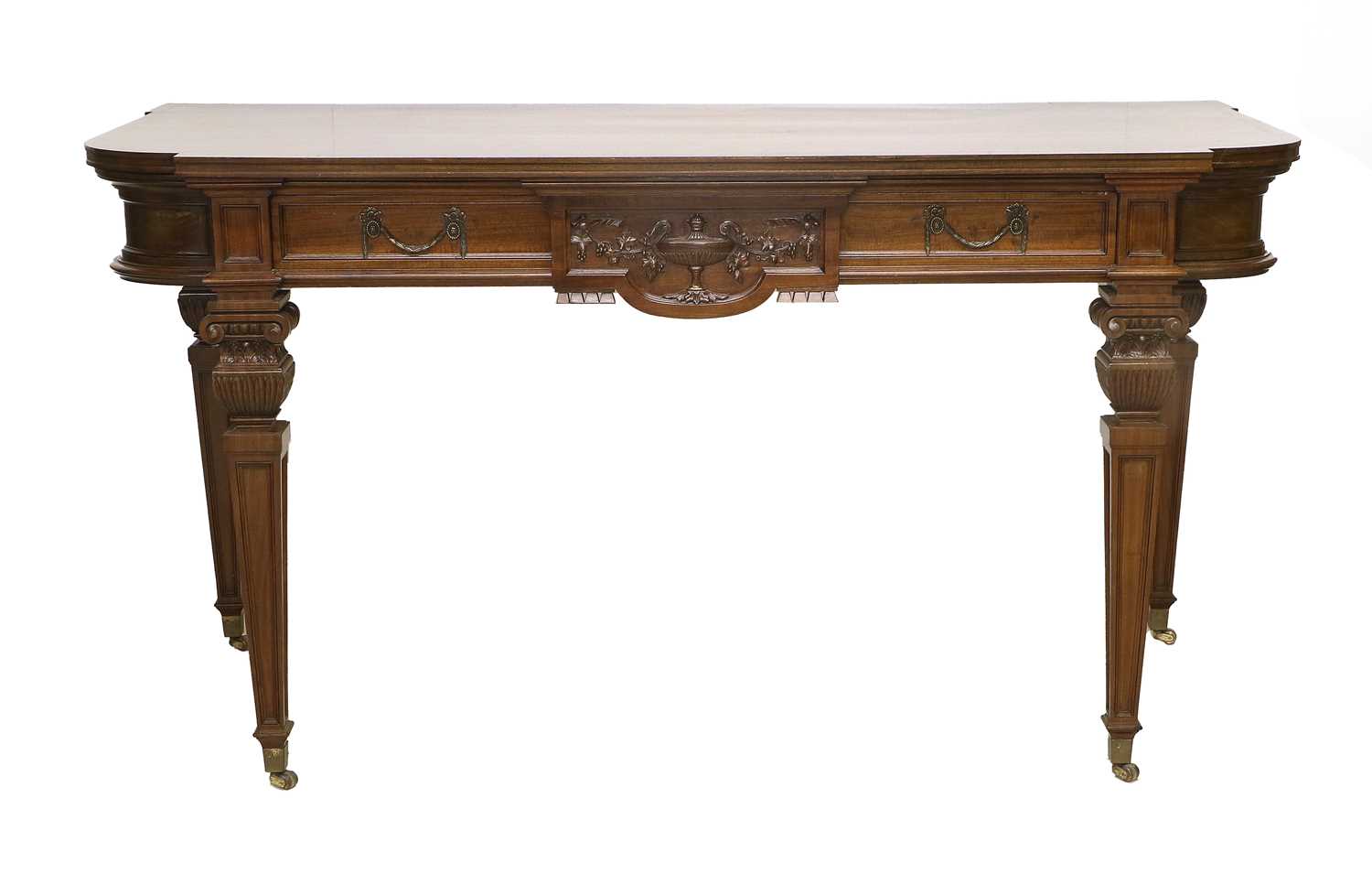 A Victorian Carved Mahogany and Crossbanded Serving Table, late 19th century, the moulded top