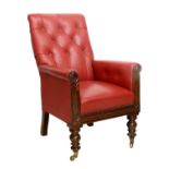 A William IV Carved Mahogany Library Armchair, 2nd quarter 19th century, recovered in close-nailed