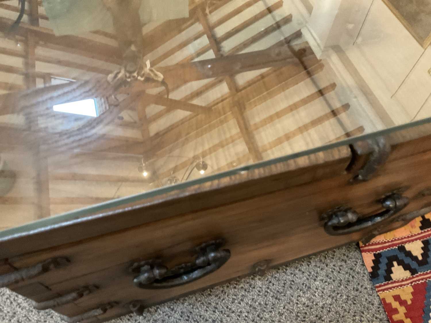 A Japanese Hardwood and Iron-Bound Trunk, modern, used as a coffee table with later glass top, the - Image 3 of 8