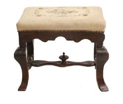An Early 18th Century Walnut and Oak-Framed Stool, recovered in close-nailed floral needlework