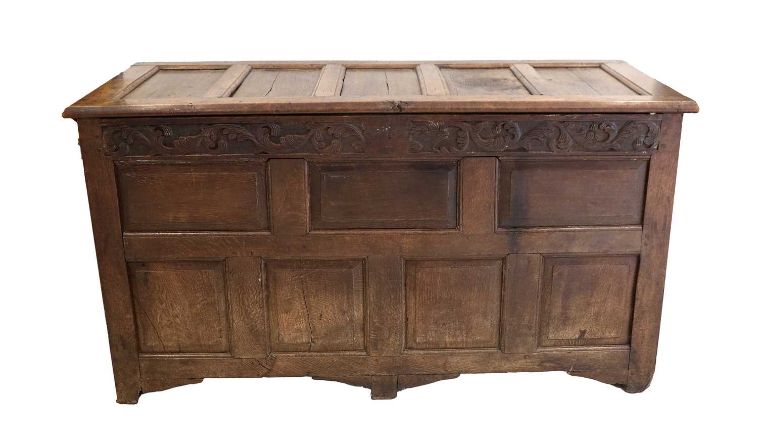 A Late 17th/Early 18th Century Joined Oak Chest, the hinged lid with four moulded panels enclosing a - Bild 2 aus 3