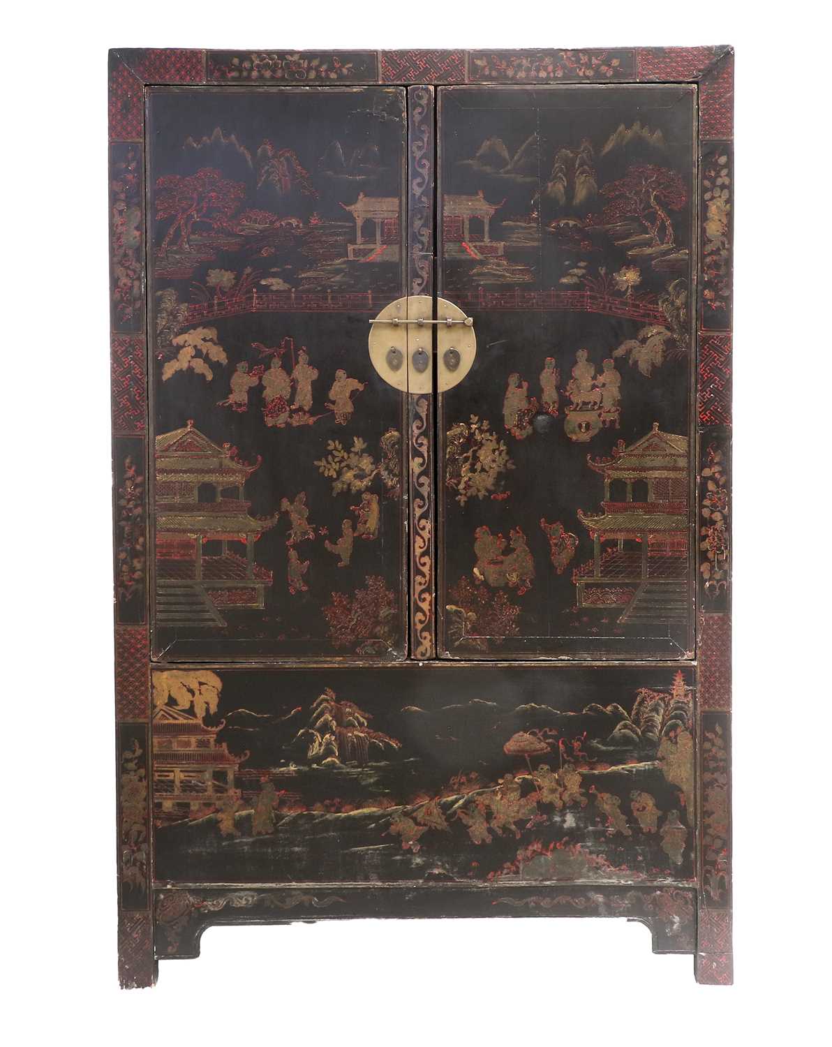 A Chinese Ebonised and Parcel Gilt Wedding Cabinet, late 19th/early 20th century, the two cupboard