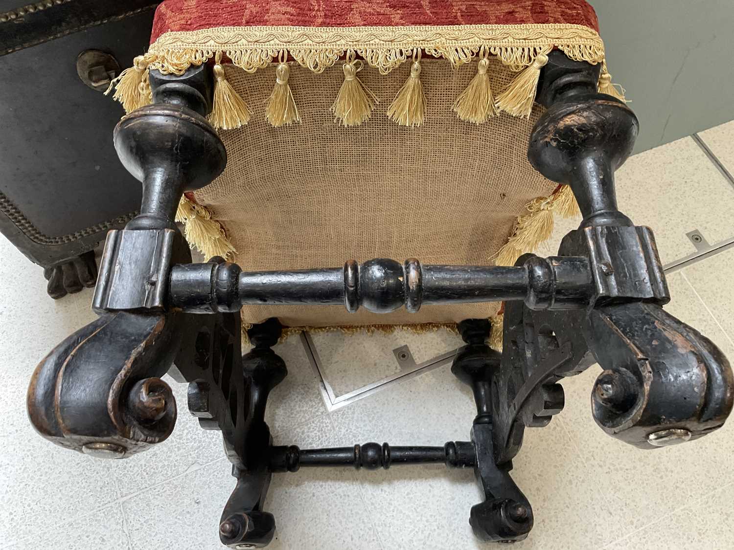 A William & Mary Walnut and Ebonised Dressing Stool, late 17th century, recovered in red floral - Image 4 of 10