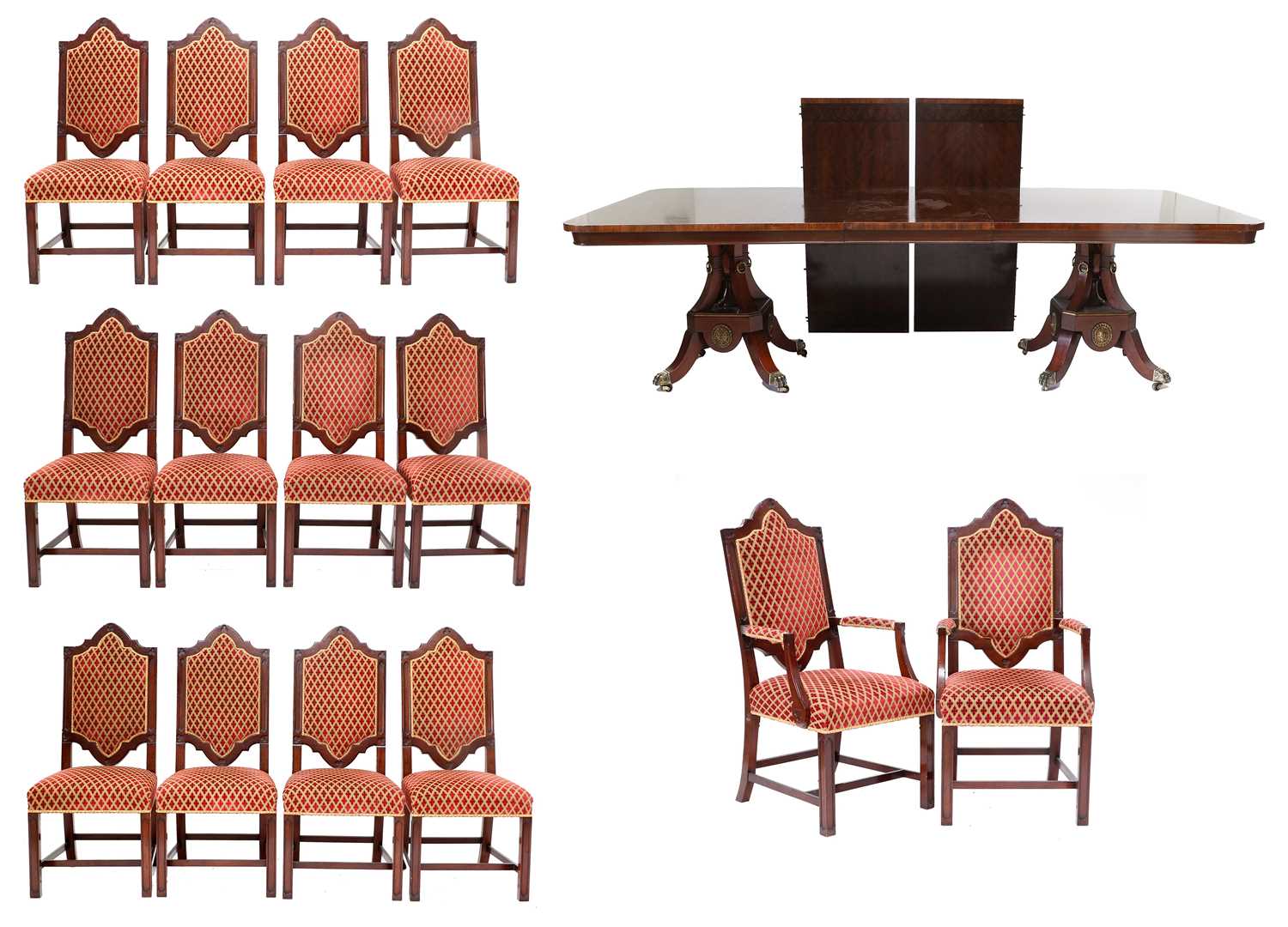 Arthur Brett of Norwich: A Reproduction Mahogany Twin-Pedestal Dining Table, the crossbanded top