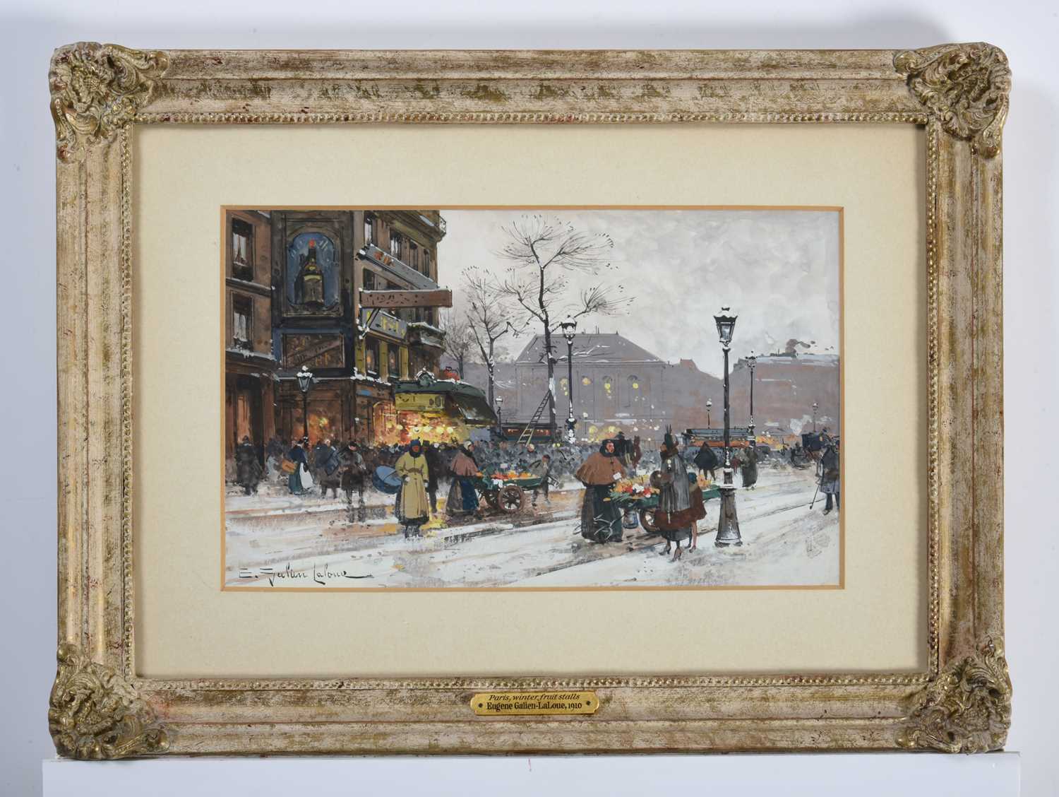 Eugene Galien-Laloue (1854-1941) French Paris, winter fruit stalls (1910) Signed, gouache, 19cm by - Image 2 of 3