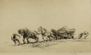 George Soper RE (1870-1942) Loading the cart in Winter Signed in pencil, black and white etching,