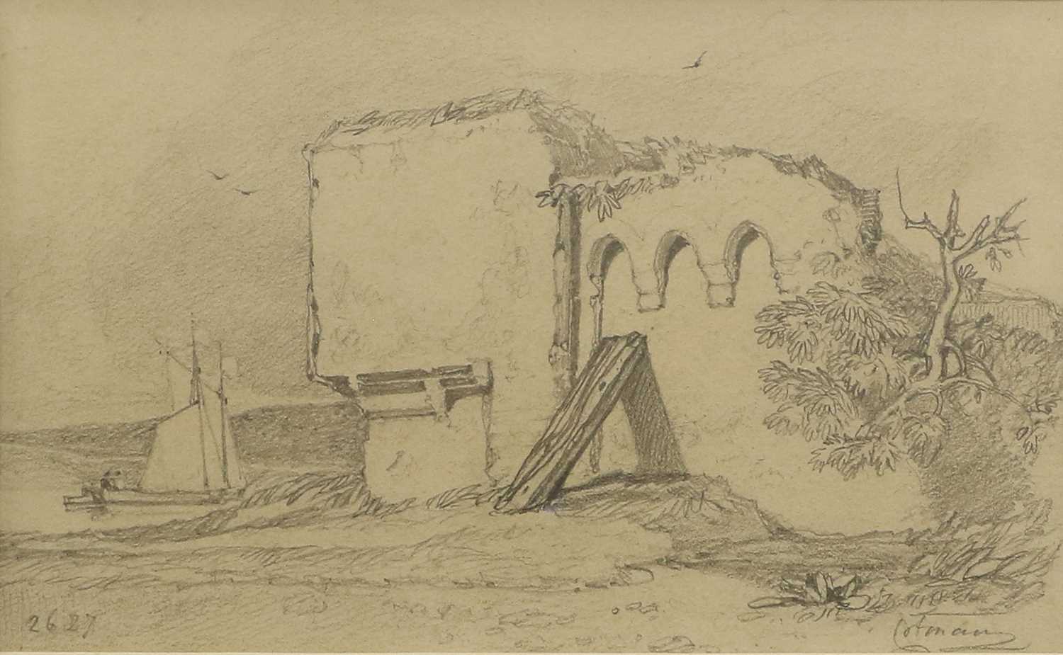 John Sell Cotman (1782-1942) Study of a ruined building with moored wherry Signed and numbered 2627, - Image 4 of 20