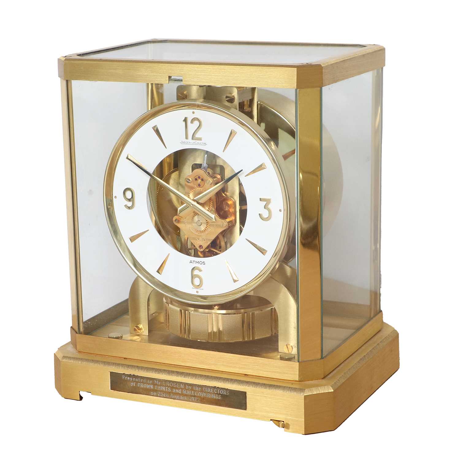 A Brass Atmos Clock, signed Jaeger LeCoultre, 20th Century, case with glass panels, front of the