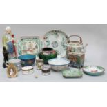 Chinese Enamelwares and Porcelain Including: a model of the deity Fu, assorted vessels, famille rose