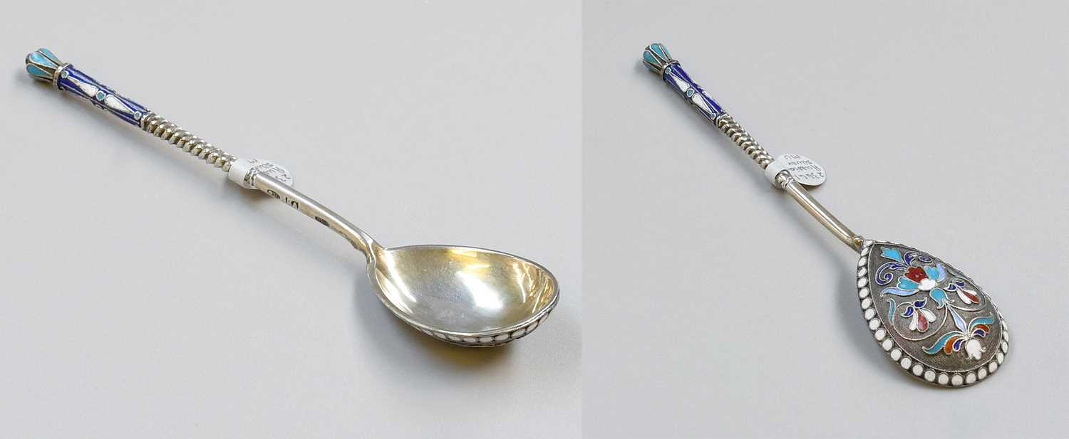 A Russian Silver-Gilt and Enamel Spoon, With Cyrillic Maker's Mark, Circa 1900, With Later Soviet