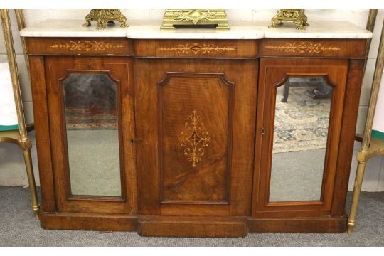 A Victorian Marble Topped Breakfront Satinwood Inlaid Walnut Credenza, with mirrored doors, 136cm by