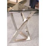 A Modernist Chromed and Black Lacquer Topped Triangular Lamp Table, 44cm by 38cm by 66cm Good