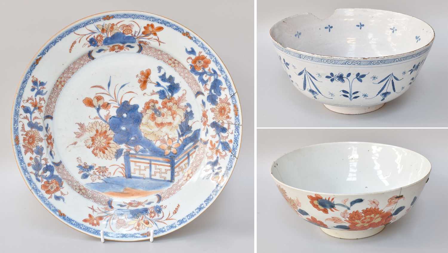 An English Delft Punch Bowl, circa 1750, together with a Chinese Imari charger, Qianlong and a