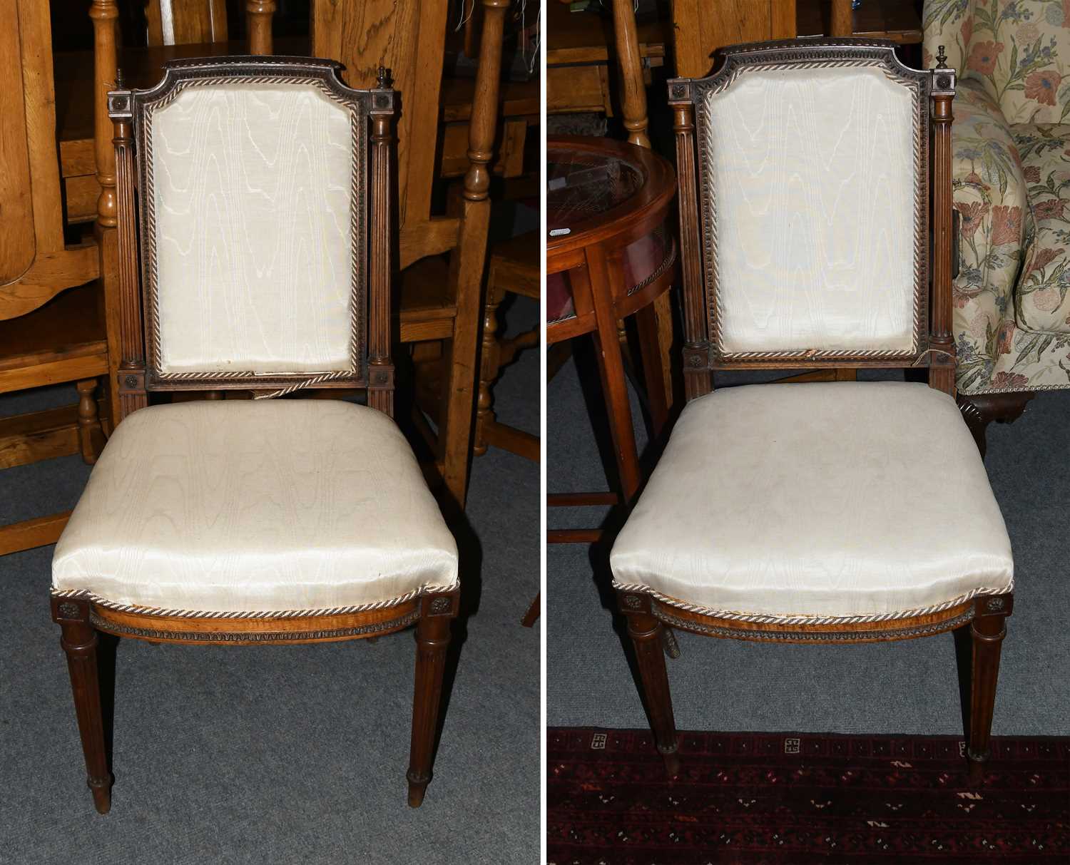 A Pair of 19th cenury French Side Chairs, in watered silk