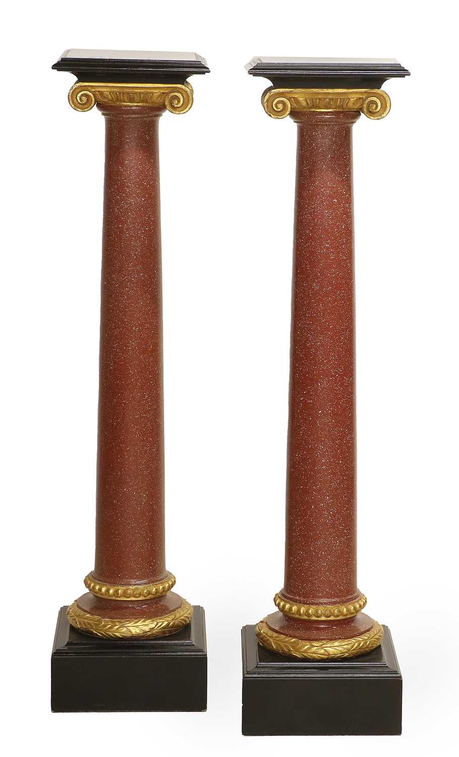 A Pair of Faux Marble, Ebonised and Parcel-Gilt Plant Stands, modern, the square moulded tops