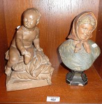 Victorian earthenware baby on cushion, signed as Boizot, and a pottery bust of a lady stamped BU.