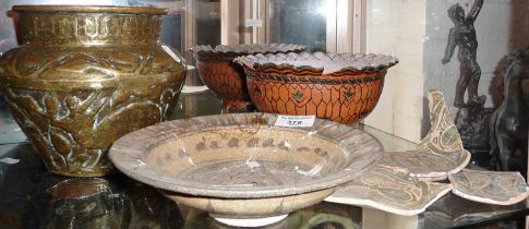 Ancient Islamic pottery bowls & shards etc, together with beaten brass Persian vessel