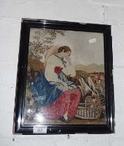19th c. woolwork of a resting woman with basket of flowers, 14" x 12"