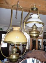 Large Victorian brass hanging oil lamp with yellow glass shade, together with a Victorian French