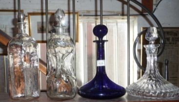 Bristol blue glass ship's decanter and others, inc. a glug-glug type