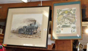 Watercolour of a 0-4-0 locomotive and tender with rolling stock and a framed commendation for the