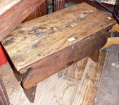 18th c. elm stool having shaped skirt and splayed trestle ends, 30" long x 16" high