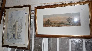 Watercolour of a corner of Wells Cathedral by Rowland W HILL and a watercolour landscape with