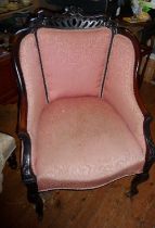 Edwardian mahogany upholstered salon tub chair on cabriole legs