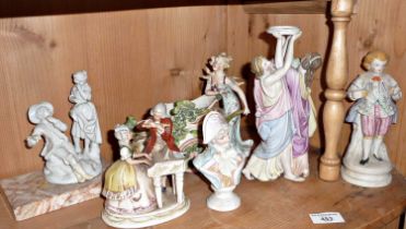 Porcelain figural groups and a marble stand