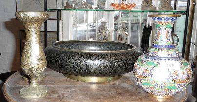 Chinese Cloisonne vase (18cms high), similar large bowl (31cms diameter), and a pair of Indo-Persian