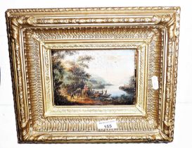 Small oil on panel of a riverscape with figures and ferry boat in gilt frame, 10" x 12" inc. frame
