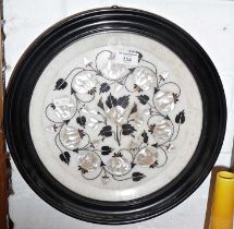 Pietra dura round marble wall plate in ebonised frame