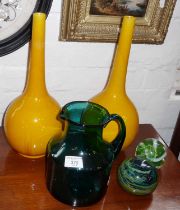 Whitefriars blue glass water jug, two glass paperweights and a pair of Burmantofts yellow glazed
