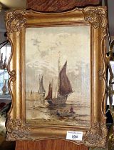 Small gilt framed oil on canvas of fishing boats