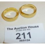 Two 22ct gold wedding bands, approx. sizes UK K and L, combined weight 10g