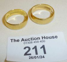 Two 22ct gold wedding bands, approx. sizes UK K and L, combined weight 10g