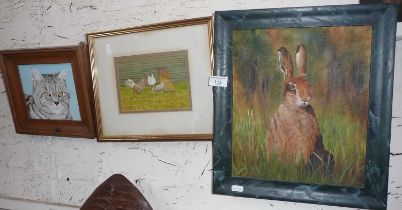 Oil on board of a hare by David Anthony, a watercolour of chickens, and another of a cat