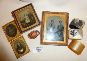 Tin type photographs, Scottish horn napkin rings, and a Victorian pinchbeck mourning brooch