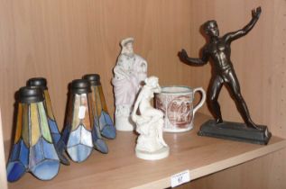 Bronze figure of an athlete, Art Deco painted metal nude, four Tiffany-style lampshades and two