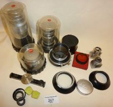 Leica camera accessories and lenses - (1:4/135; 1:4/90 and 1:28/50)