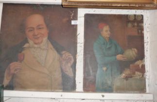 Two Victorian oils on card of a merry gentleman and another of an antique dealer appraising a