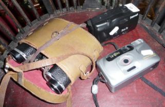 Lomane field glasses in leather case and two cameras