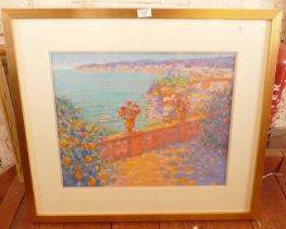 Large colourful print of a Mediterranean terrace after John Holt, 28" x 32" inc. frame